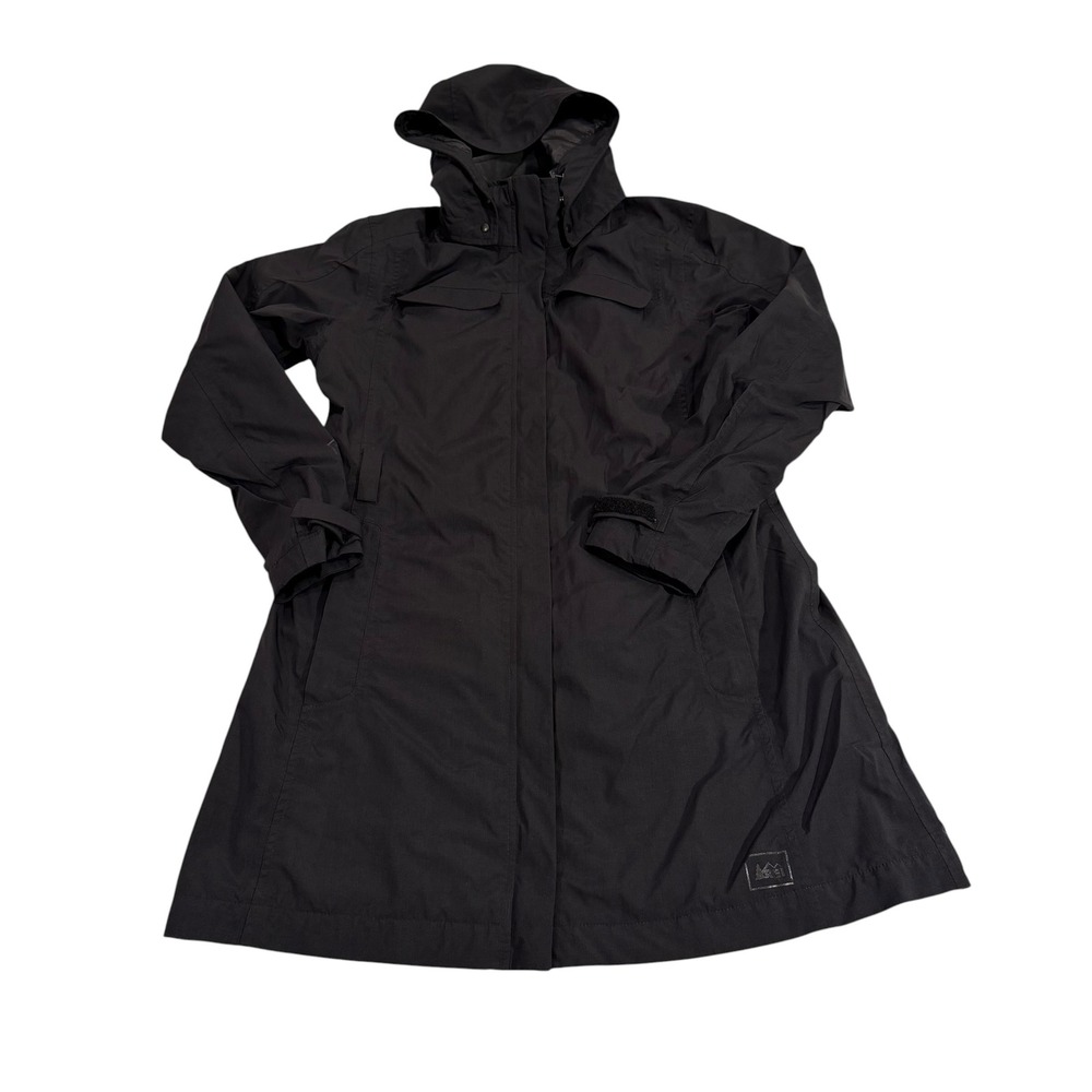 REI Elements Women Black Waterproof Rain Trench Coat Hooded Jacket Medium 826025